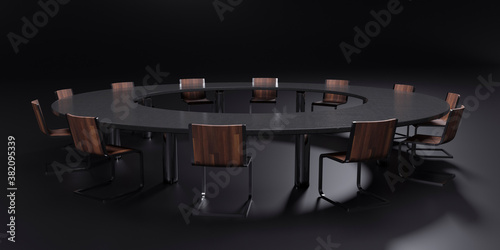 円卓とモダンな椅子が置かれた無人の会議室の3Dレンダリンググラフィックス