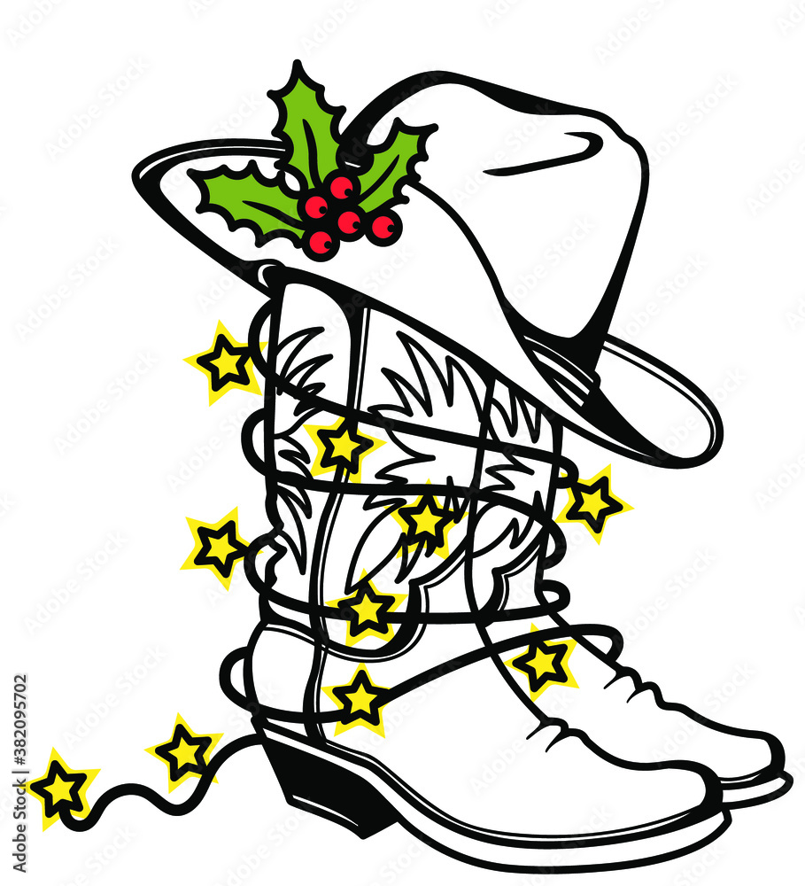 Cowboy Christmas printable Cowboy boots and hat with holiday lights