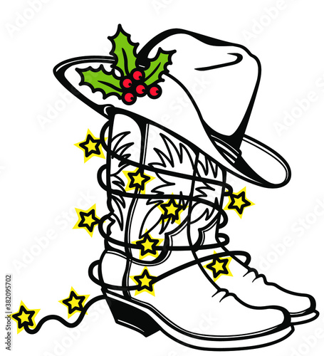 Canvas Print Cowboy Christmas printable Cowboy boots and hat with holiday lights