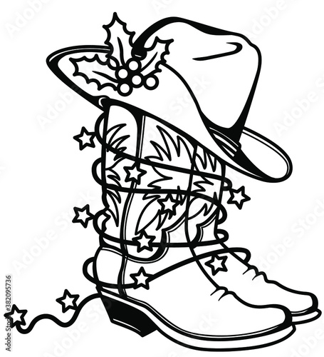 Cowboy Christmas printable Cowboy boots and hat with holiday lights. Western boots and hat background with rope frame for text or design