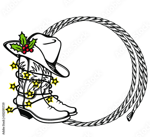 Cowboy Christmas printable Cowboy boots and hat with holiday lights. Western boots and hat background with rope frame for text or design