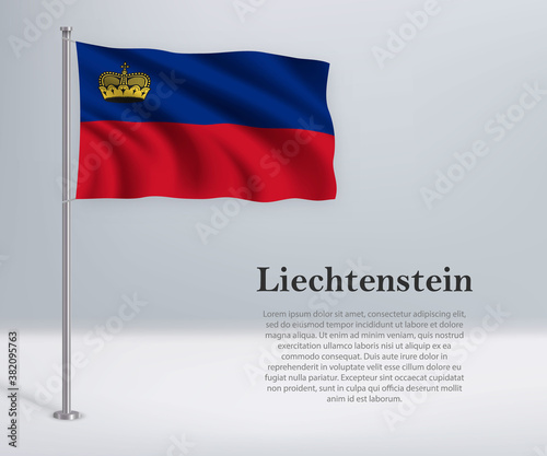 Waving flag of Liechtenstein on flagpole. Template for independence day