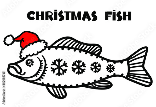 Christmas fish in Santa hat. Winter fishing symbol isolated on white for New Year holiday