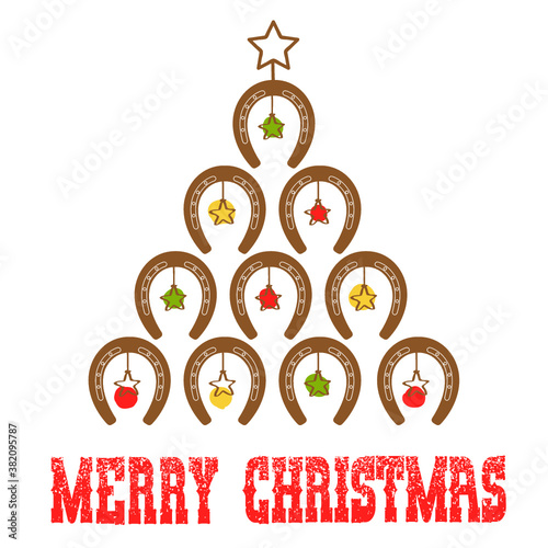 Western Christmas greeting card with Horseshoe Cowboy Christmas Tree on white background for design