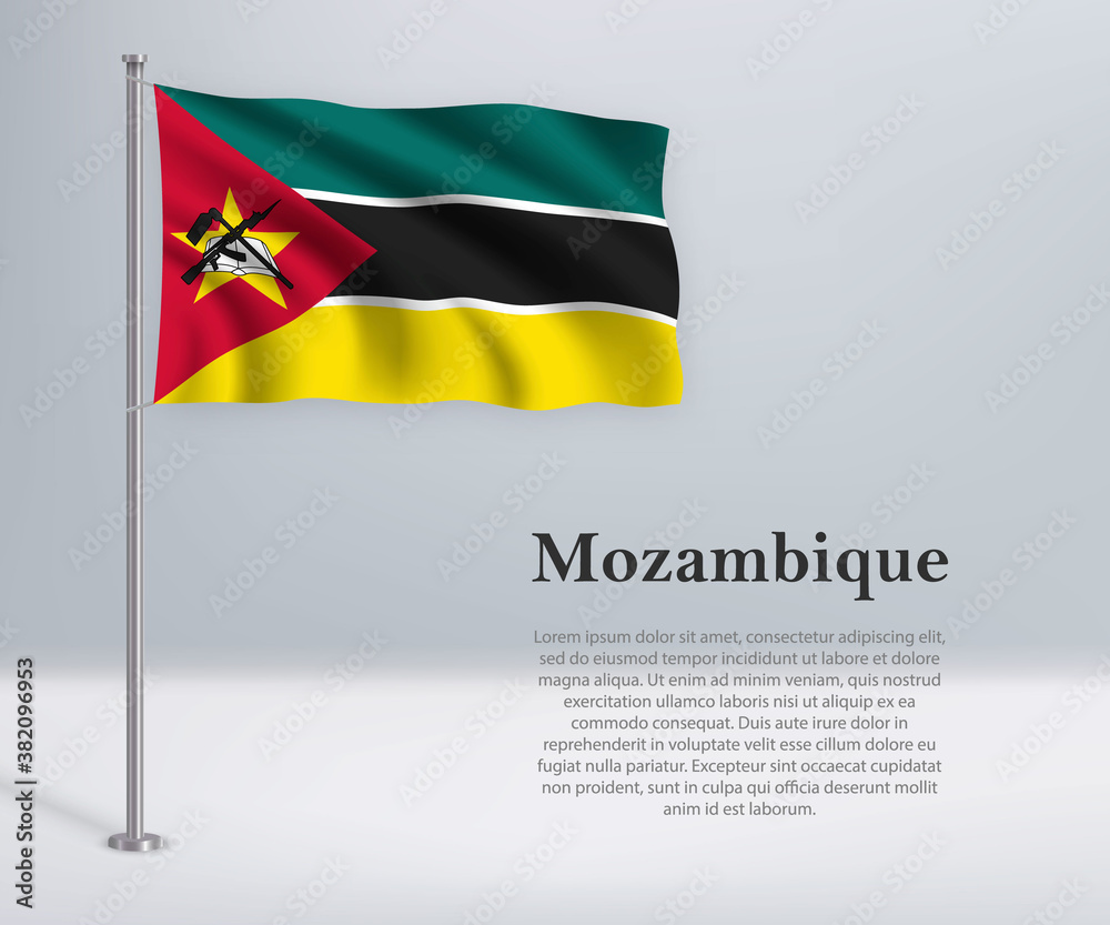 Waving flag of Mozambique on flagpole. Template for independence day Waving flag of Mozambique on flagpole. Template for independence day