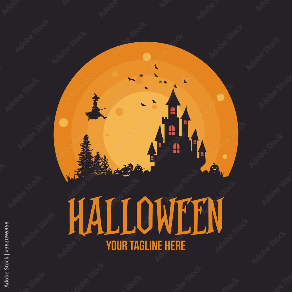 Halloween witch with pumpkin logo design template