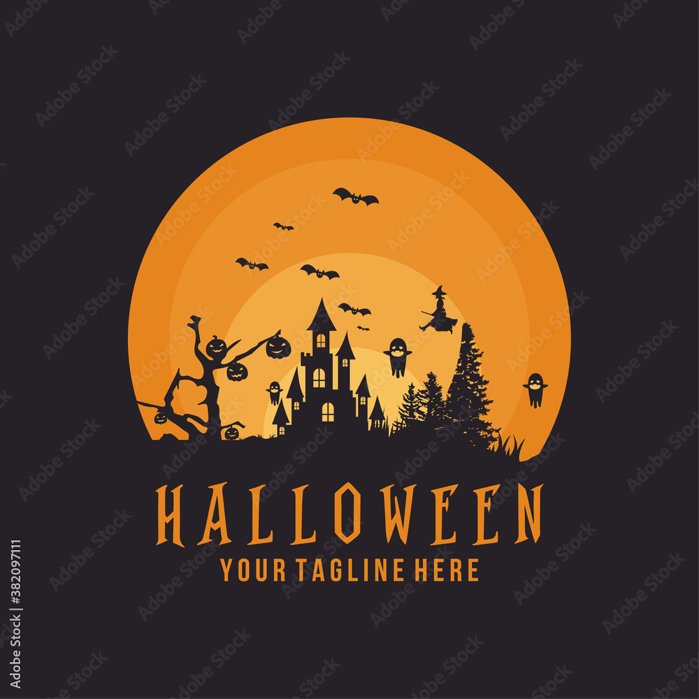 Halloween witch with pumpkin logo design template