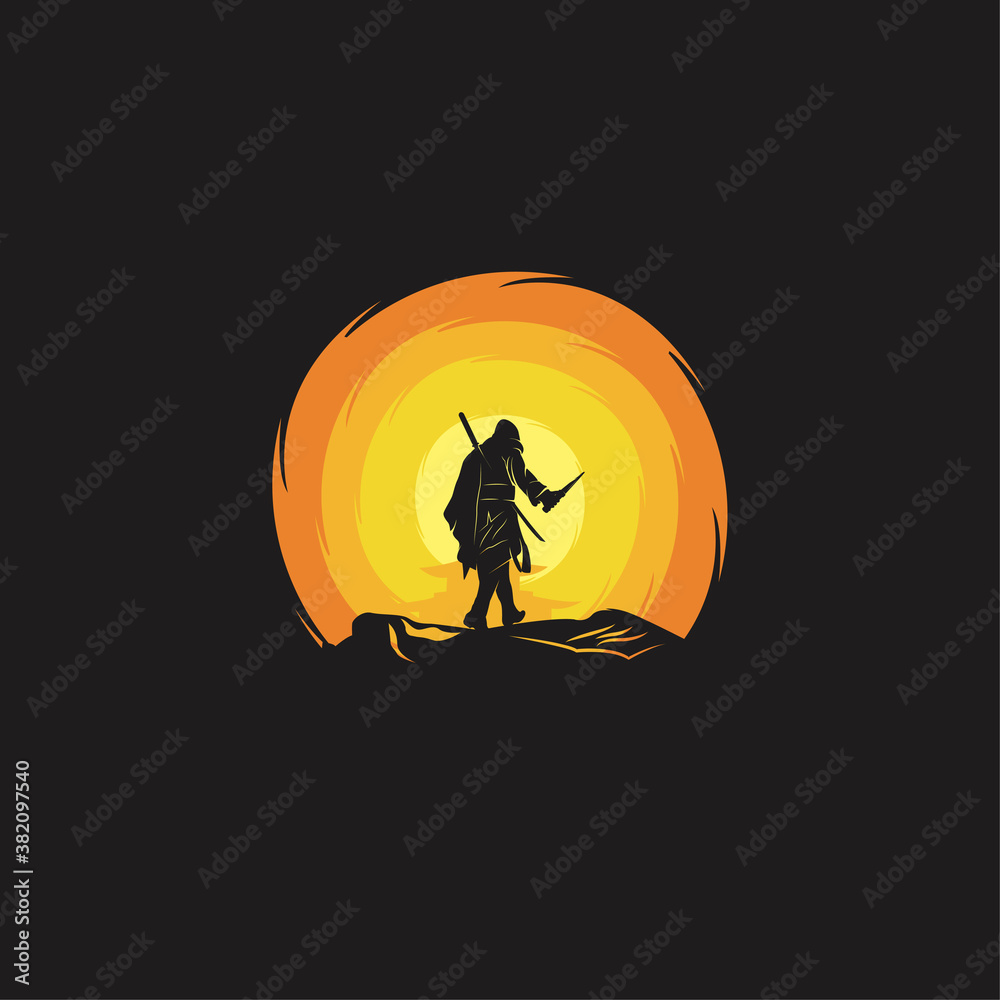 Samurai on sunset illustration Premium Vector
