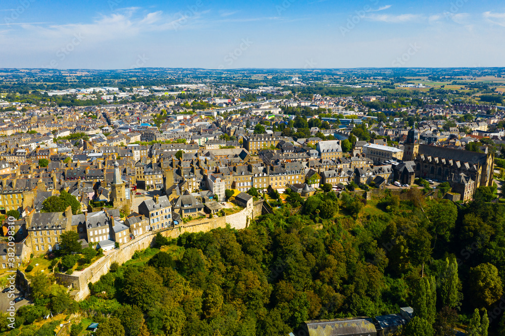 General aerial view of French town of Fougeres on sunny summer day, region of Brittany