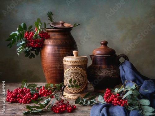 Still life with bunches of rowan berry