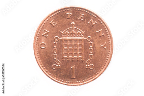 Tail of a 1 penny english coin on white background