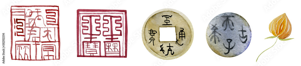 chineese travel icons monea watercolor elements set chineese travel icons monea watercolor elements set