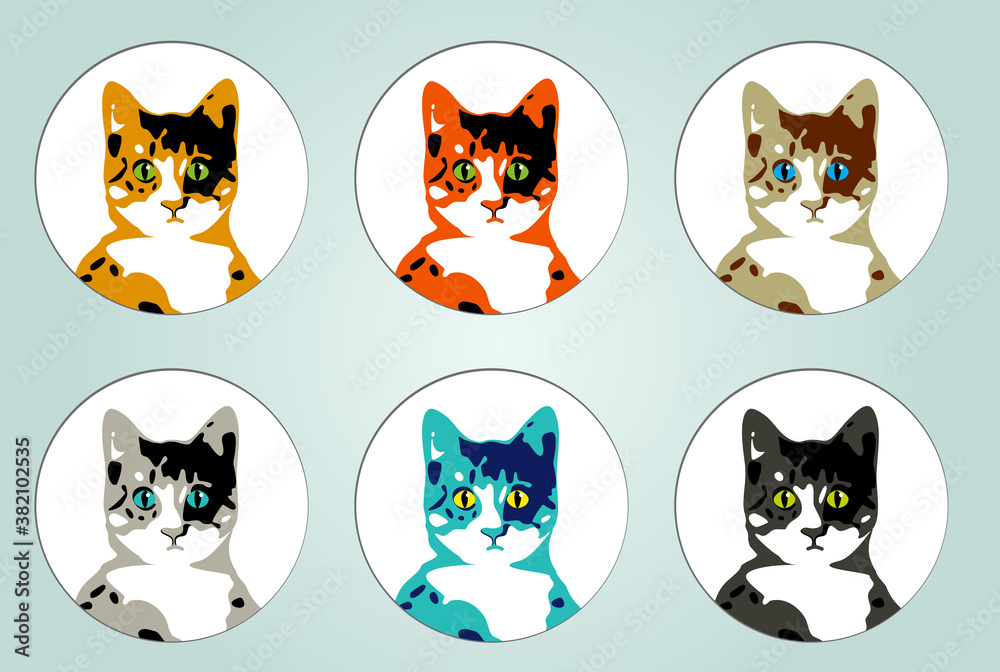Rundes Icon einer Katze in sechs Farben Rundes Icon einer Katze in sechs Farben