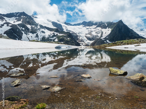 Beautiful glacial lake with springs from melting ice glacier with sharp snow-capped mountain peaks reflecting on water surface. Tyrol, Stubai Alps, Austria, summer sunny day