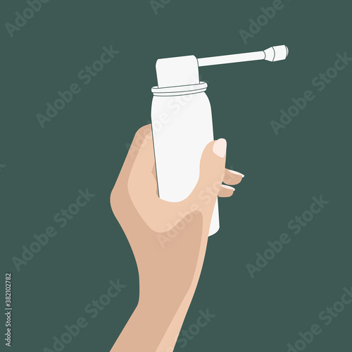 Spray in hand. White tube without logo and text in hand on a dark turquoise background. Tube spray with medicine for cough, shortness of breath, disinfectant spray. Vector image. Idea for advertising.