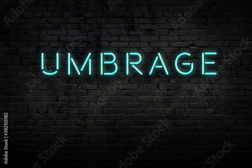 Neon sign. Word umbrage against brick wall. Night view photo