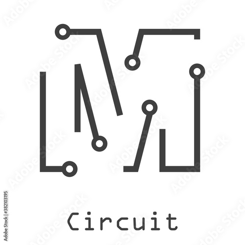 Logotipo abstracto letra inicial M lineal como circuito electrónico en color gris