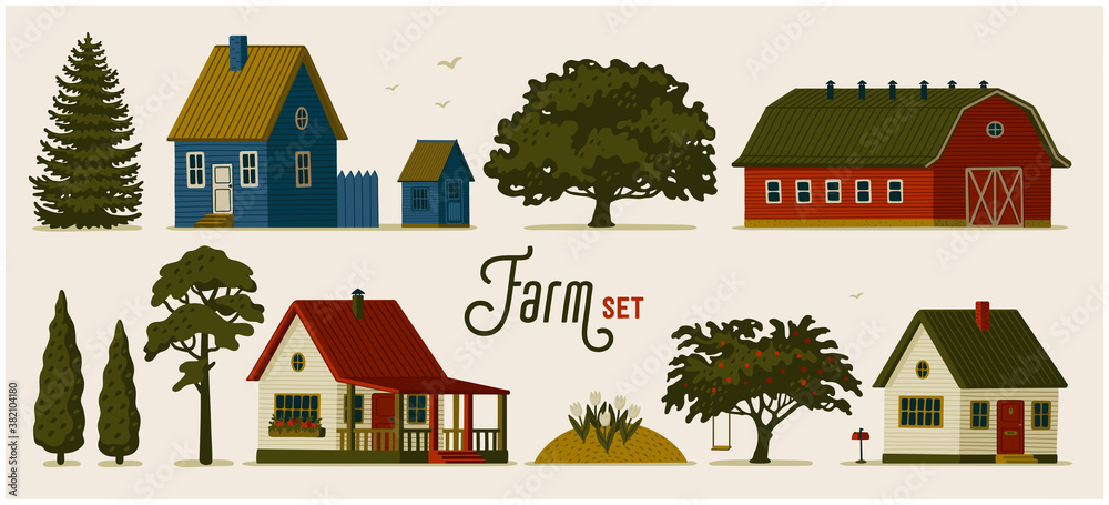 Farm set. Various Rural houses, barns and different trees. Stock Vector ...