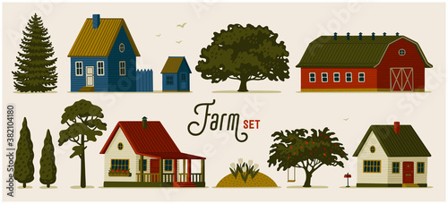Farm set. Various Rural houses, barns and different trees.