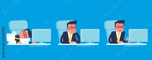 Tired exhausted, falling asleep, overtired businessman. Thinking thoughtful, uncertain puzzled manager.