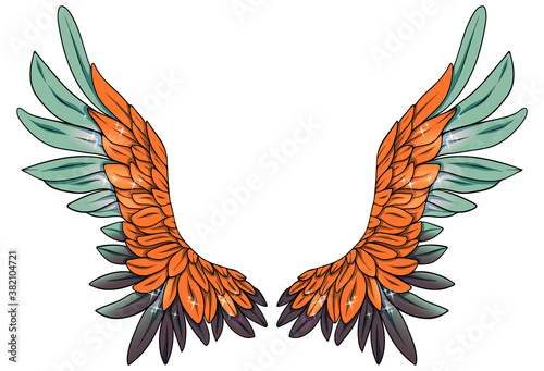 Beautiful glittery magic orange green vector wings
