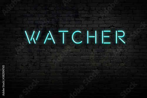 Photography Neon sign. Word watcher against brick wall. Night view
