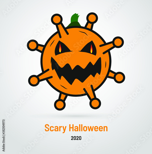 Scary Halloween 2020 - Coronavirus Covid-19 cartoon Jack-o'-lantern caricature. Halloween wish card stylized with pumpkin virus character concept on light background
