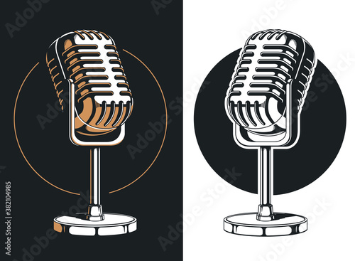 Silhouette podcasting microphone recording isolated vector logo icon illustration on black and white style
