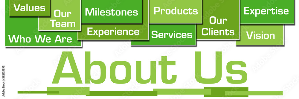 Fototapeta premium About Us Green Boxes Word Cloud On Top 