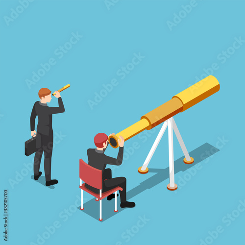 Isometric businessman use bigger telescope than his rival