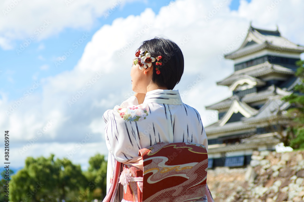 城下町を歩く、着物姿の日本人の女性　和服