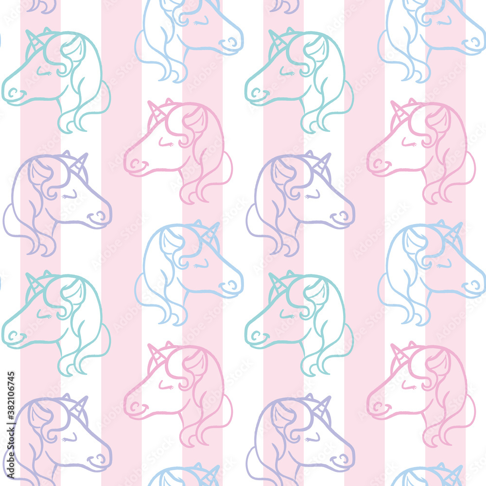 Cute pastel seamless repeat stripe pattern with unicorns Cute pastel seamless repeat stripe pattern with unicorns