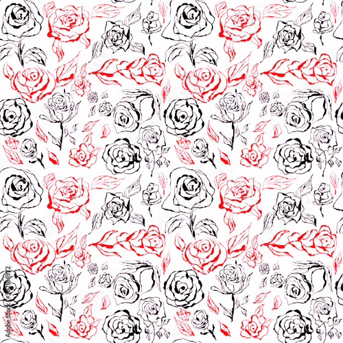 Black and red roses seamless pattern on white background. © Nata_Prando