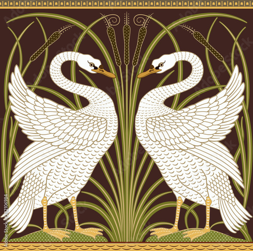 White swan and reeds decorative border pattern on dark background. Vector illustration.
