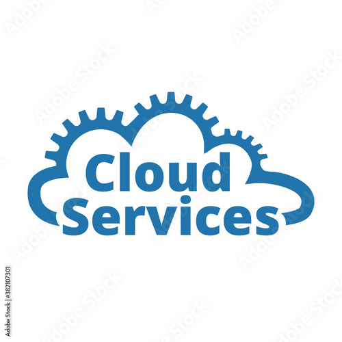 Cloud services logo, icon. SaaS, PaaS, IaaS. Technology, packaged software, decentralized application, cloud computing. Gears in the cloud line. Vector illustration.