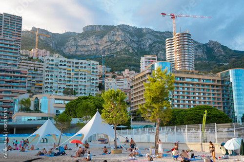 Monaco-Montecarlo, wonderful city of the cote-d‚ÄôAzur with its marine and architectures, Larvotto Beach,  in a sunny day with blue sky