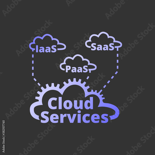 Cloud services logo, icon. SaaS, PaaS, IaaS. Technology, packaged software, decentralized application, cloud computing. Gear wheels. Vector illustration.