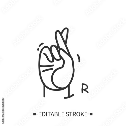 Hand gesture showing R letter line icon. Fingerspelling american sign language alphabet for deaf-mutes.Communication for disabled people. Good luck sign.Isolated vector illustration. Editable stroke