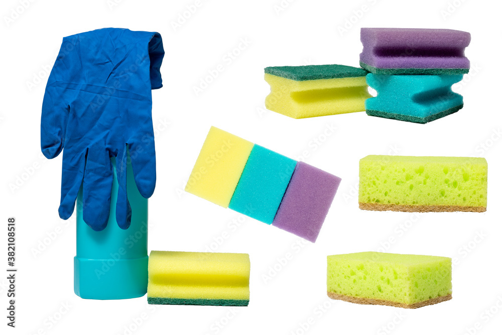 sponges, gloves and cleaning agent isolate on white background. cleaning products sponges, gloves and cleaning agent isolate on white background. cleaning products