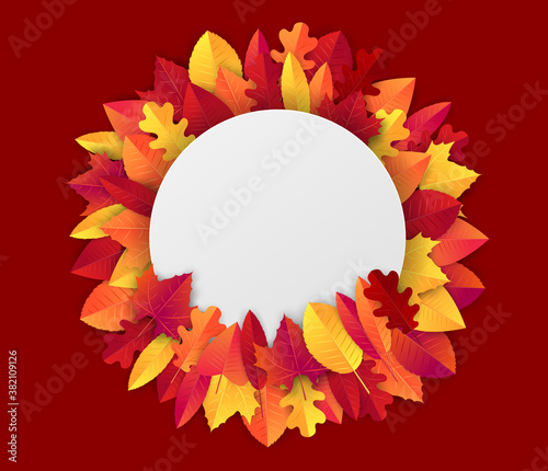 Autumn banner with red and orange leaves wreath. Free empty space for text. Advertisement promo. Vector illustration.