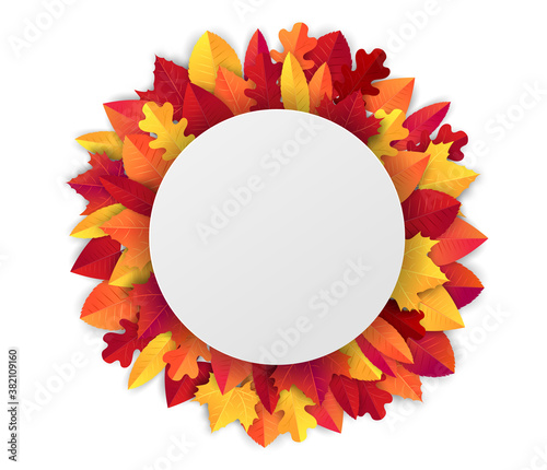 Fall leaves wreath with a circle banner for text. Autumn sale promo. Vector illustration.