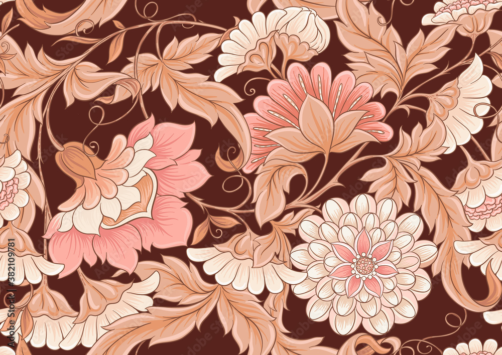 Fantasy flowers and birds in retro, vintage folk style seamless pattern in soft terracotta colors. Vector illustration.