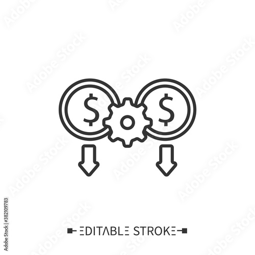 Cost synergy icon. Dollar coins, cogwheel and arrows depict expense elimination. Outline drawing. Reduction of costs. Combined corporate entity concept. Isolated vector illustrations. Editable stroke 
