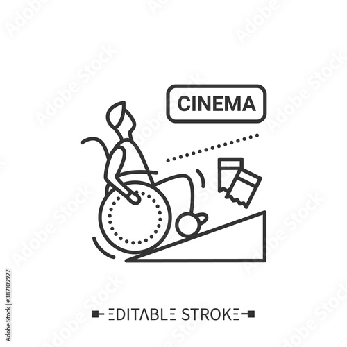 Cinema entrance wheelchair ramp line icon. Accessible for disabled people, public places.Barriers-free environment and social adapting for disabled people.Isolated vector illustration. Editable stroke