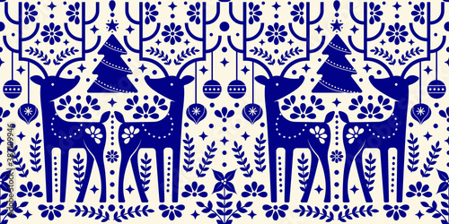Christmas pattern with deer that has bohemian/mexican style design. Perfect for holiday wrapping paper, wallpaper, post card, etc