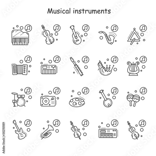 Musical instruments line icons set. Piano, drum, guitar, trumpet, violin and more. lassical, ethnic and modern music. Music from different countries. Isolated vector illustration. Editable stroke.  photo