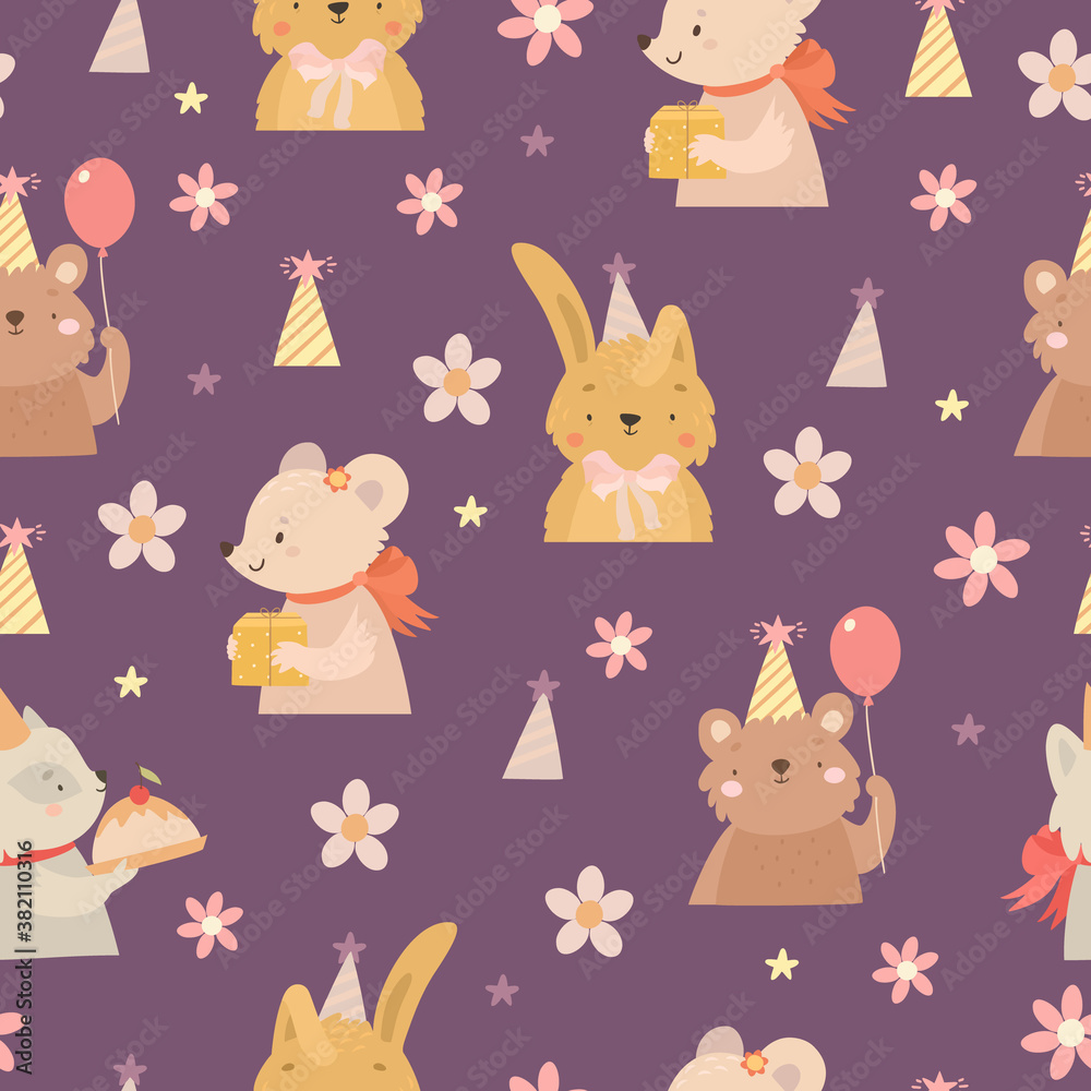 vector pattern for children. kids animals birthday. happy birthday party. forest animals celebrate birthday. Mouse and cake, bunny and bear with an inflatable balloon