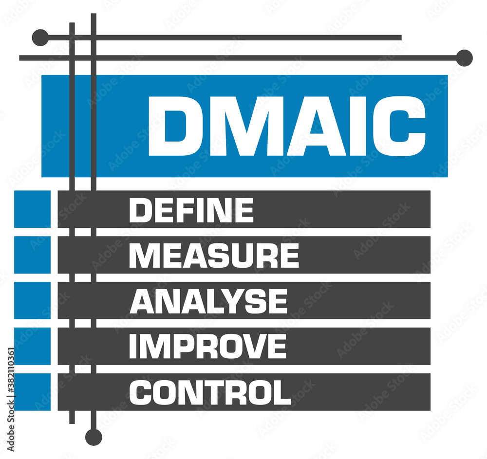 DMAIC - Define Measure Analyse Improve Control Blue Grey Boxes Top Bottom Squares 
