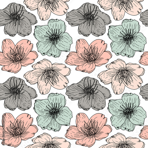 Anemone flowers vector seamless pattern. Hand drawn floral background in retro pastel colores.
