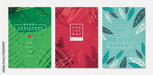 Merry Christmas greeting cards collection. Winter and holiday theme templates suitable for brochure covers, social media posts, web ads, page designs. Vector illustration.